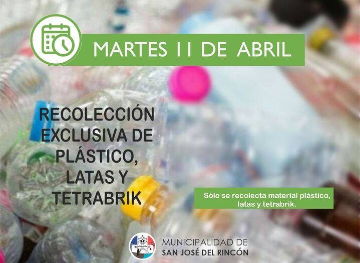 📣ATENCIÓN  ♻️La Recolección de Plástico domiciliario se realizará el próximo MARTES 11 DE ABRIL.